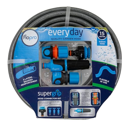 Flopro, EVERYDAY garden Hose Set 12,5mm (1/2") 15m with SUPERGRIP hose pipe connectors: 1 x Outside Tap Connector