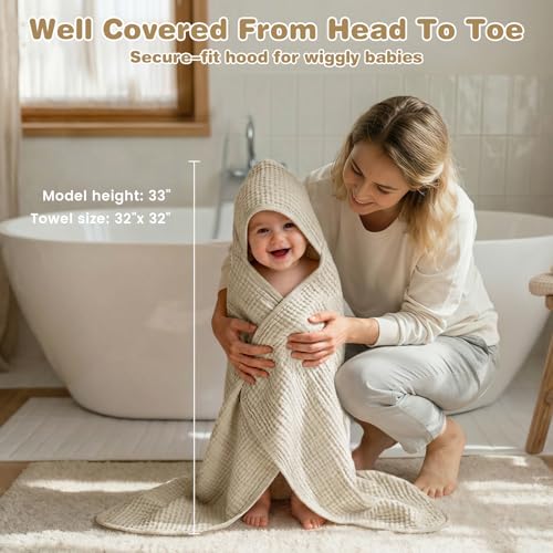 Image of Hooded Baby Bath Towels for Newborn, 2 Pack - 6-Layer 100% Muslin Cotton, Soft Absorbent Baby Towels with Hood for Babies, Infants & Toddlers, Large 32x32 Inch Unisex Newborn Baby Bath Essentials