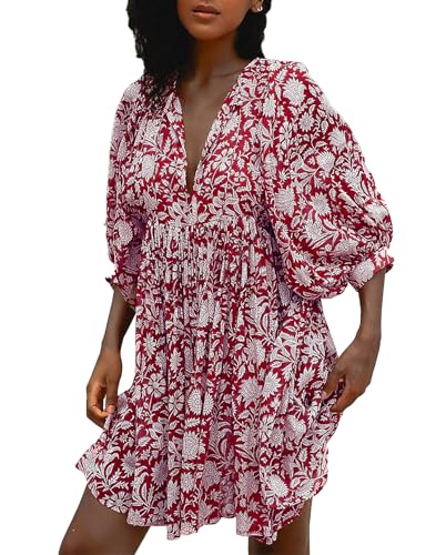 Image of Boho Dresses for Women Floral V Neck Puff SLVS Babydoll Short Beach Dress