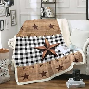 Erosebridal Western Texas Star Blanket 40×50 Farmhouse Black Plaid Throw Blanket Brown Vintage Country Star Fleece Blanket Retro Rustic Checked Grid Wooden Grain Fleece Blanket