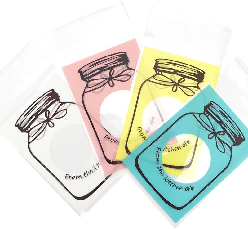 Desi Rang Plastic Transparent Candy Cookie Chocolate Gift Bag Self Adhesive Pouch Birthday Wedding Party Conference Meeting seminar Supplies with jar Bottle Pattern (50 pcs,Yellow,Large)