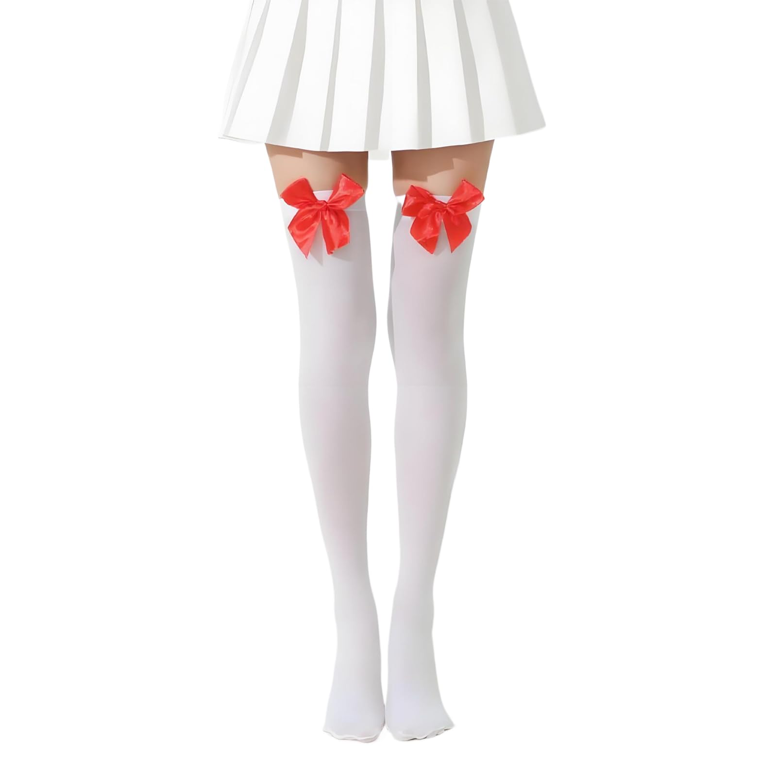 Thigh High Socks with Red Satin Bows,Soft and Breathable Opaque Bow Lace Over The Knee Sexy Long Socks,Stocking Cozy Valentine's Adult Lace Silk Opaque for Halloween,Valentine's,Christmas (White)