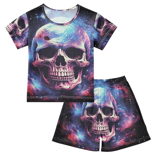 ALAZA Skull on Space Background Pajama Set Short Sleeve Sleepwear Soft Lounge Nightwear