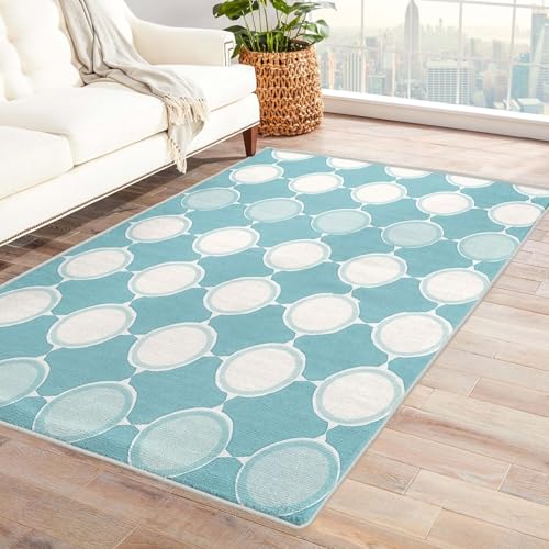 Tapis lavable bleu clair géométrique et antidérapant 200x200 cm