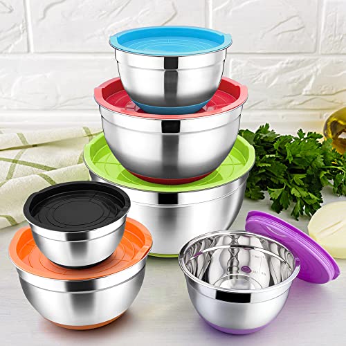 Foto von Herogo Rührschüssel 6er Set, Edelstahl Salatschüssel Schüssel Set mit Luftdichtem Deckel & Rutschfest Böden, Ideal Zum Kochen/Backen/Aufbewahrung/Servieren, Stapelbar, 6,7L/3,3L/2,5L/1,5L/1,2L/0,7L