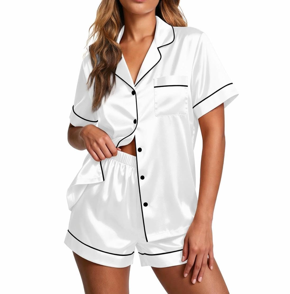 Ekouaer Pajamas for Women Set Silk Satin Pjs 2 Piece Button Down Sleepwear