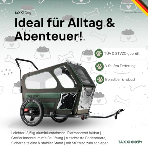 TAXXI Dog M Hundeanhänger für Fahrrad – Stabiler Fahrradanhänger für Hunde bis 40 kg – mit Einstieg vorn & hinten, Netzfenster, Reflektoren, Kupplung – faltbar & wetterfest