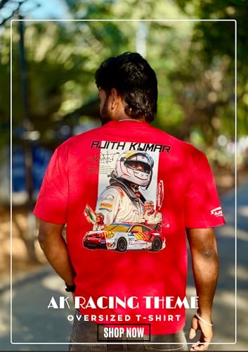 Image of Ajith Kumar Racing Theme Oversized T-Shirt, Red, AK Racing Graphic Print