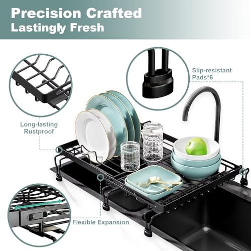 MOUKABAL Expandable Dish Drying Rack-Over Sink&Dish Drainer Holder for Kitchen Counter,Space-Saving Kitchen Organizer with Large Capacity,Matte Black,Rust-Resistant Metal - Thumbnail 3