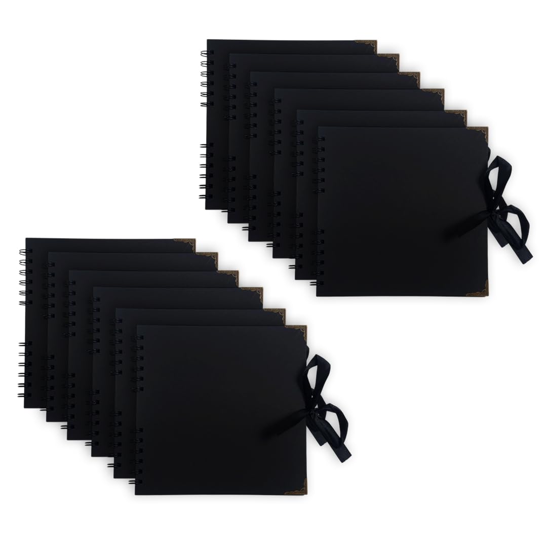 Pack of 12 Spiral Bound 180gsm Black Scrapbooks with Ribbon Closure and Metal Corners - 30 Sheets 20x20cm - Ideal for Your Scrapbooking Albums Art & Craft Projects, Memory book