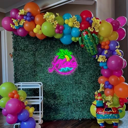 Image of Aloha Palm Tree Neon Sign for Beach Party, Tropical Summer Aloha Led Sign for Hawaiian Tiki Bar Wall Decor, Pink Blue Green Aloha Wave Coconut Light Up Sign for Holiday Hawaii Beer Bar Decorations