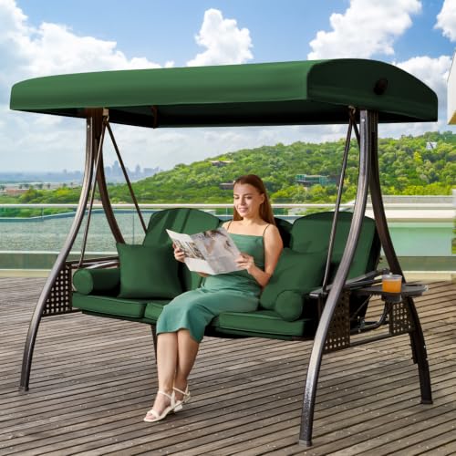 Yalissey 3 in 1 Outdoor Porch Swing with Adjustable Canopy, 3 Seat Outdoor Swing for Adults, Patio Swing Chair with Thickened Cushions,Pillows & Cup Holders for Backyard, Porch, Garden (Green)