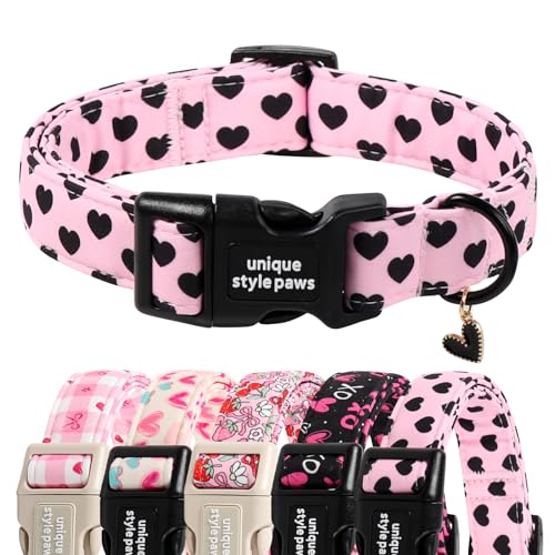 Unique Style Paws Valentine Dog Collar Plastic Buckle with Pendant Black Pink Love Heart Cotton Puppy Collars for Small Medium Large Dogs