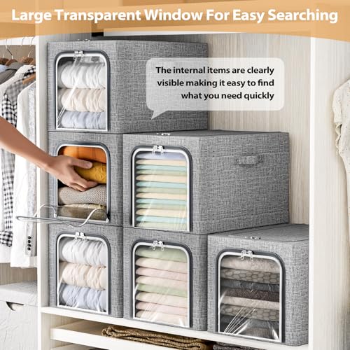 Image of 8 Pack Clothes Storage Bins with Metal Frame Foldable Clothing Storage Bins with Lids 49L Stackable Storage Box for Closet Fabric Organizer with Clear Window for Sweaters T-Shirts Bedding,Light Grey