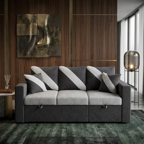 Image of FURNY Trivia 4 Seater RHS Lounger Sofa Cum Bed (Dark Gray - Light Gray) with Pull-Out Function | Luxury Velvet Suede Finish | Durable Comfort | Ideal for Living Room