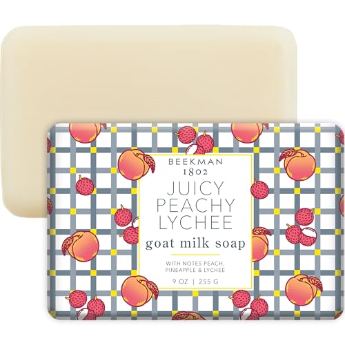 Image of Beekman 1802 Goat Milk Soap - Moisturizing Hand & Body Soap Bar with Shea Butter & Botanical Oils, Triple-Milled, Non-Drying, Made for Sensitive Skin, Juicy Peachy Lychee 9 oz