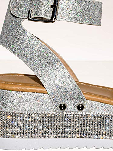 Aquapillar Rhinestone Glitter Flatform Sandal - Women Ankle Strap Crystal Platform #TOP5