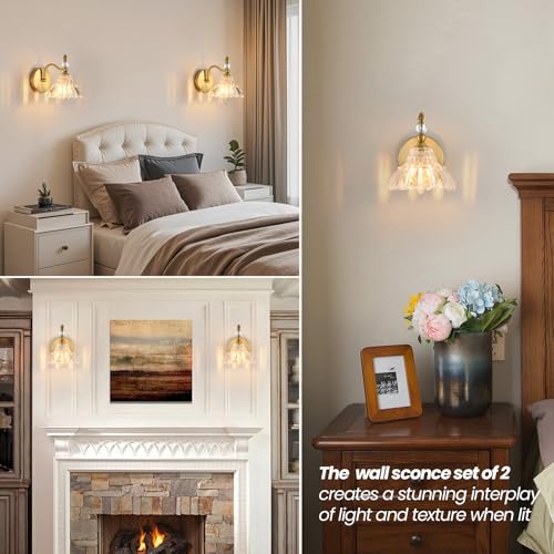 Image of Vintage Wall Sconce Set of 2, Matte Brass Finish Bathroom Wall Sconce, Modern Wall Mount Lamp Light, Indoor Hardwired Vanity Wall Lighting for Bedroom Living Room Hallway