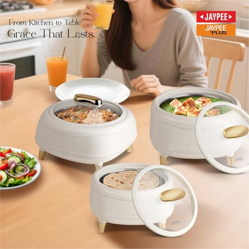 Image of JAYPEE Kingston Klass Stitched Leather Luxurious Outer & Inner Stainless Steel Casserole Set of 3 with Glass Lid (1500+2000+2500) ml PUF Insulated Serving casserole Set Roti Box Hot Box BPA Free,White