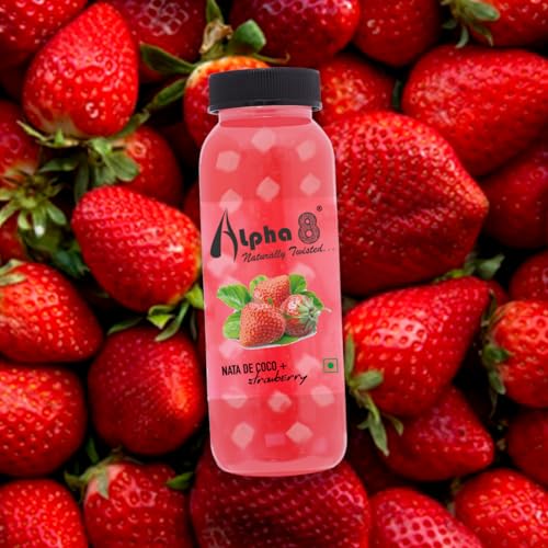 Image of ALPHA 8 FRUIT Juice with NATA De Coco Coconut Cubes Natural Energizer & Immunity Booster, Healthy Juice, High Fiber, Real Natural Taste (Strawberry Pack of 12)