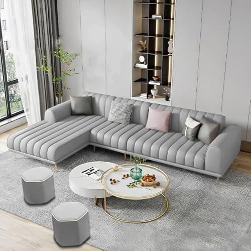 Image of Casaliving Herrick LHS 6 Seater L Shape Sofa Set with 2 Puffy for Living Room (Grey) Premium Velvet Fabric Sofa