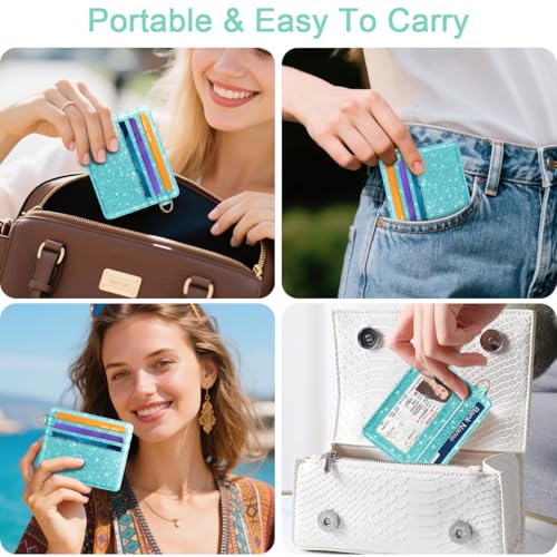 Image of Slim Minimalist Pocket Credit Card Holder Wallet Women | RFID Blocking Lightweight Thin Small Cute Card Cases, Glitter Teal