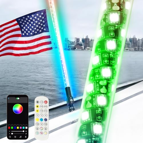 4FT LED Boat Navigation Whip Light with Bluetooth APP & Remote, DIY Colors & 400+ Patterns NavLight Show Whip Lights, 360º LED Boat Navigation Lights