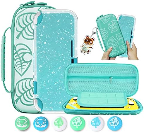 Switch Lite Accessories Carrying Case Set, Switch Lite Storage Bag with TPU Glitter Protective Cover and 6 Pcs Thumb Grips Caps Animal Crossing - Green