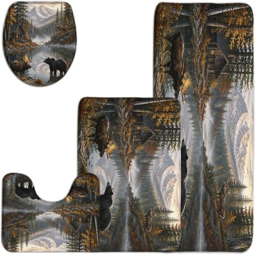 4 Piece Bathroom Rugs Set Rustic Cabin Moose Deer Bear Bath Mat Fall Forest - 2