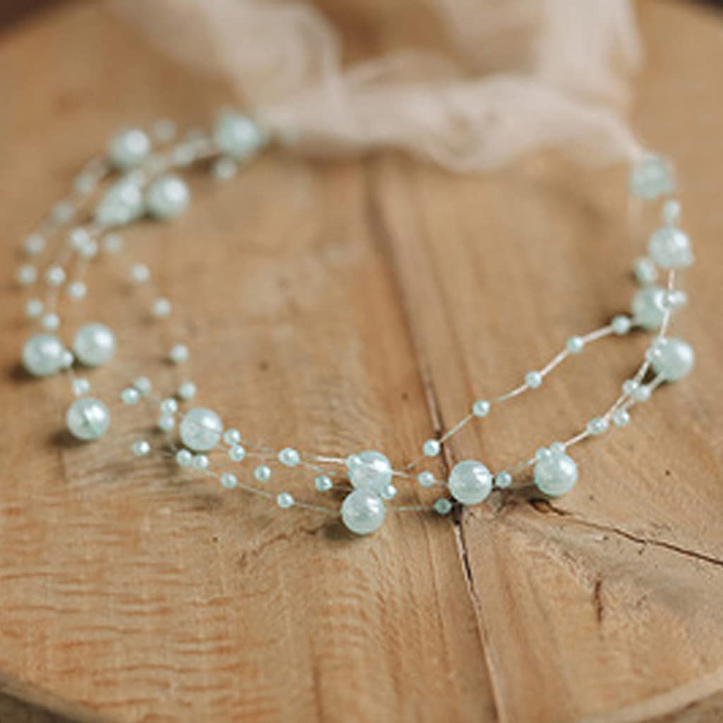 Philsp Women's Light Blue Baby Necklace Newborn Photography Prop Baby Pearl Headband Princess Infant Headdress Hair Band
