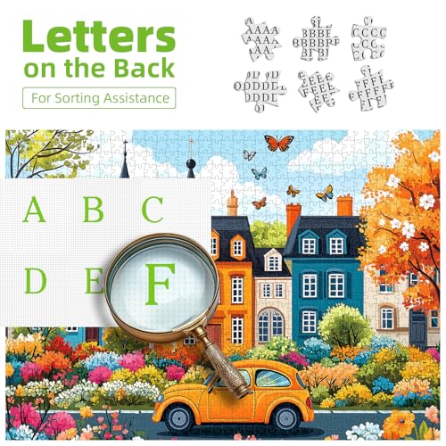 Image of Colorful City Street Jigsaw Puzzles for Adults 500 Pieces Spring Vintage Car and Flower Garden Scene Puzzle Family Challenging Funny Puzzle Perfect for Game Nights(21 inchx15 inch)