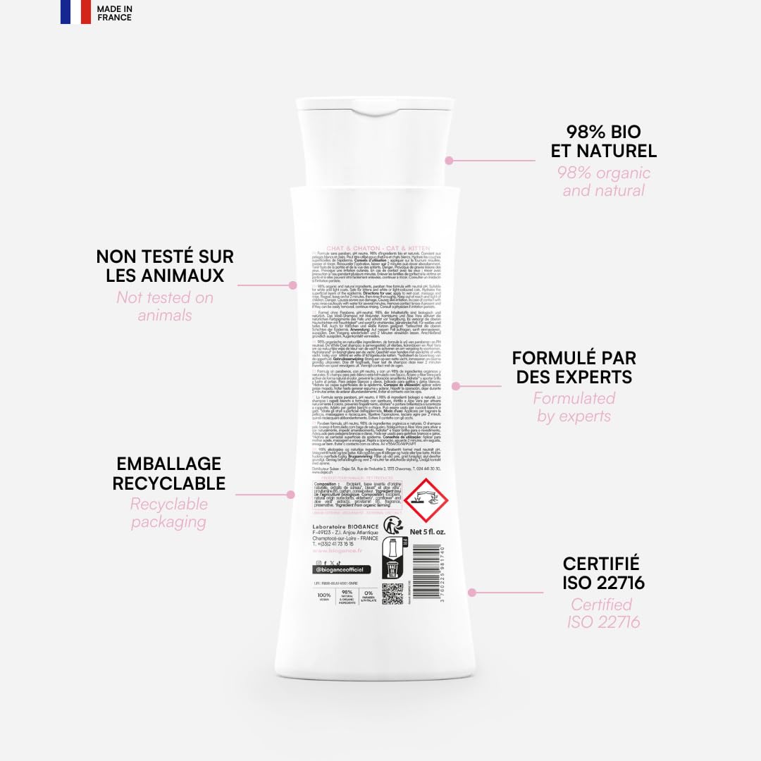 Biogance - Shampooing Poils Blancs - White Snow - 150 ML - Produit d'hygiène pour Chat - à Base de sureau, de Bleuet et d’aloé Vera Bio.