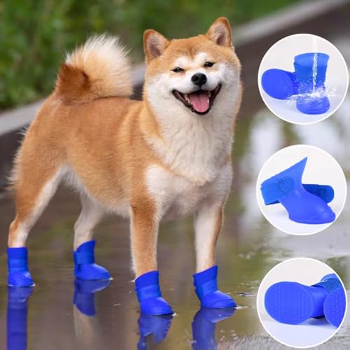 Fayemint 4 Stücke Von Silikon Wasserdichten Hundestiefeln, Pet Shoes für Welpen, rutschfeste Regenschuhe mit Befestigungsband, Geeignet für Regnerische Tage