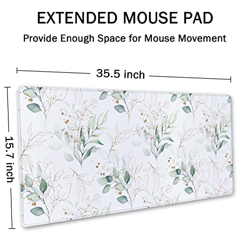 Image of SSOIU Large Mouse Pad, Cute Floral Desk Mat for Desktop, Women Girls Waterproof Gaming Mousepad, Eucalyptus Leaves Computer PC Laptop Protector Writing Pads for School Office Home 35.5 inch x 15.7 inch