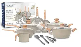 Jogo de Panelas Cerâmica Antiaderente 10 Peças Neuhaus Marble Life – Compatível com Indução, Gás e Elétrico – Com Utensílios em Silicone – Cor Light Grey