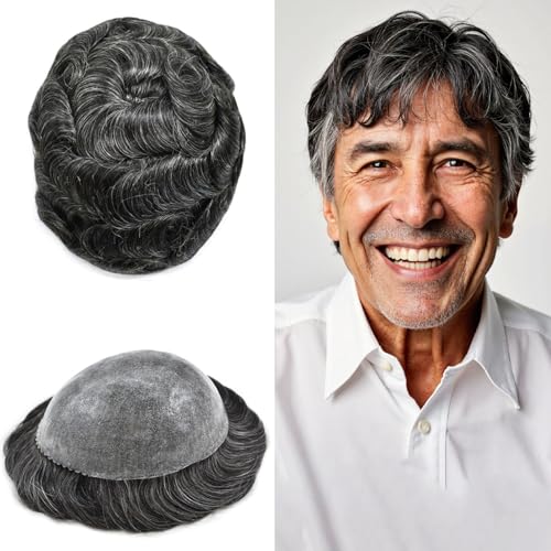 Hair Wonders Toupee for Men Hair System Real Human Hair Full Poly Skin Hairpiece for Men �����p�V�X�e�� �C���r�W�u���w�A���C�� �v���e�V�X �L���s���[ 8x10#1B