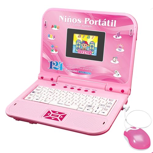 Happiegg Ordenador Infantil Bilingüe, Juguete Niños con 124 Actividades (Español/Inglés) , Enseña Vocabulario y Matemáticas, Jugar, Escuchar Música, Regalos Cumpleaños Navidad para Niños Niñas - Rosa
