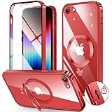 HGUTREY【スタンド機能付き・アクションボタン】 iPhone SE3 用 ケース 第3世代 2022 iPhone SE2 カバー 第2世代 クリア ロック付き【CDリング・MagSafe対応】 9H強化ガラス PC背面 両面 ストラップホール付き アルミバンパー メタルフレーム 高感度タッチ ワイヤレス充電対応 iPhone 第3世代 第2世代 用 ケース 4.7インチ（レッド）