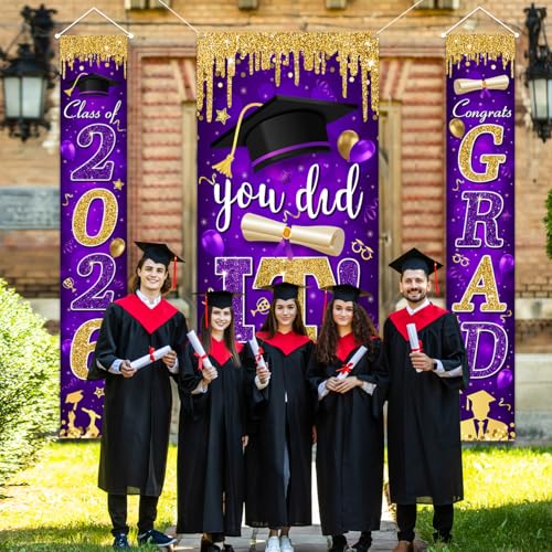 Image of Graduation Decorations Class of 2026 Purple and Gold Congrats Grad Banner and You Did It Door Cover for High School College Graduation Party Supplies(Purple)