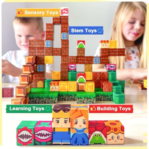 Image of 74 Pcs Magnetic Building Blocks Set for Kids Minecraftd Style Educational Construction STEM Learning Building Blocks Set Gift Toy for Kids Boys & Girls (B-1)