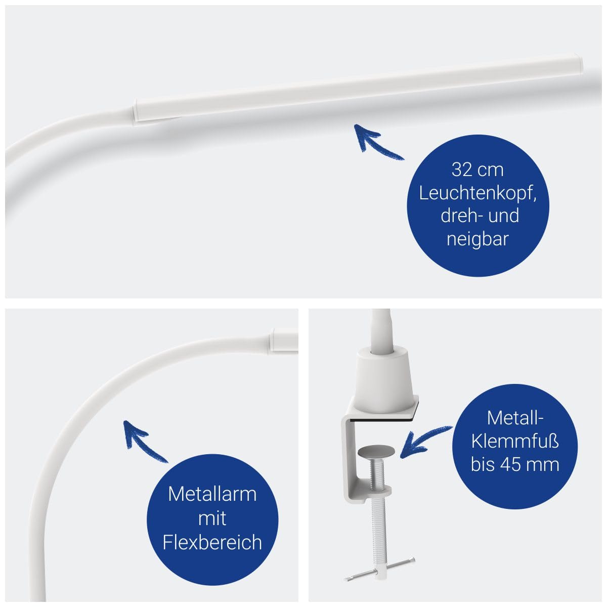 MAUL LED Schreibtischlampe MAULpirro weiß dimmbar mit Tischklemme | sicherer Halt an der Kante, 4 Helligkeitsstufen per Touch, flexibel ausrichtbar, warmweißes Licht, Lichtquelle austauschbar