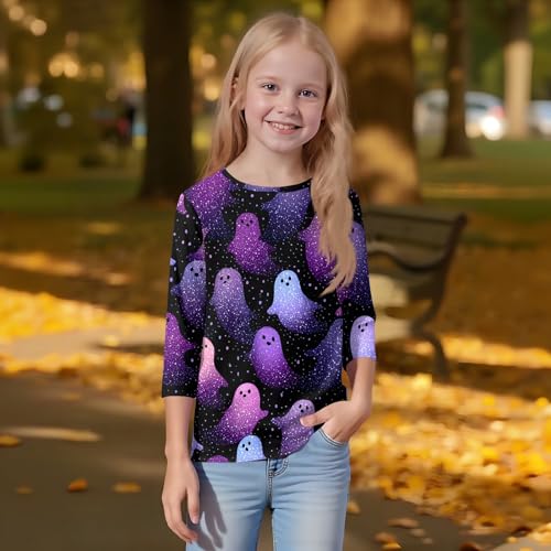 Kids Halloween Print 3/4 Sleeve T-Shirt Cute Pattern Soft Crewneck Top for Girls and Boys Black White Tee2