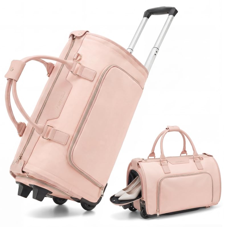 Fanwoli Carry-On Rolling Garment Bag for Travel 3-in-1 Wheeled Luggage with Shoe Storage & Detachable Organizer Convertible Duffel Bag for Men Women Business Trips Weekender Wrinkle-Free (Pink)