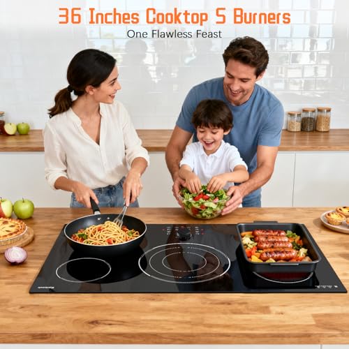 Image of 36 Inch Electric Cooktop(35.43 x 20.47inch), 5 Burner Built-in Electric Stove Top, 9600W 240V Cooktop with Magnetic Knob, Touch Control, 99Min Timer, Safety Lock, BBQ