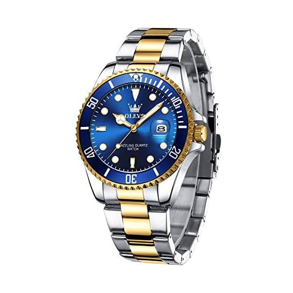 Mens-Watches-with-Date-Stainless-Steel-Band-41mm-Unidirectional-Rotating-Bezel-Large-Face-Case-Quartz-Analog-Waterproof-Luminous-Wrist-Watch-Two-Tone-Dress-Relojes-de-Hombre-GreenBlackBlue-Dial-Watche