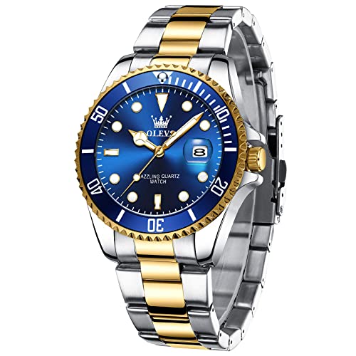 OLEVS Watch Men,Men's Wrist Watches,Luxury Two Tone Stainless Steel Waterproof Blue Face Men Watch,Fashion Classic 41mm Big Face Quartz Watch for Man with Date Luminous,Relojes de Hombre