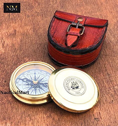 Brújula de latón antiguo con estuche de cuero miniatura 4
