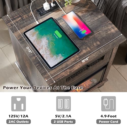 Nightstand with 13'' Electric Fireplace Heater & Charging Station, OKD 18'' Farmhouse Fireplace End Table w/Drawer, 800W Space Heater, Rustic Sofa Side Table for Bedroom, Living Room, Dark Rustic Oak