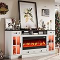 LUXOAK Farmhouse Fireplace TV Stand with LED Lights, 70'' Large Entertainment Center with 42" Fireplace for TVs up to 80'', Highboy TV Console Table with Glass Door for Living Room, Barnwood+White