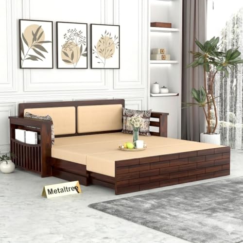 Image of Sheesham Wooden 3 Seater Sofa Cum Bed with Storage - Modern Daybed with Upholstered Backrest | Living Room Convertible Sofa Bed - Wooden Sofa Cum Bed with Mattress (Design 4)